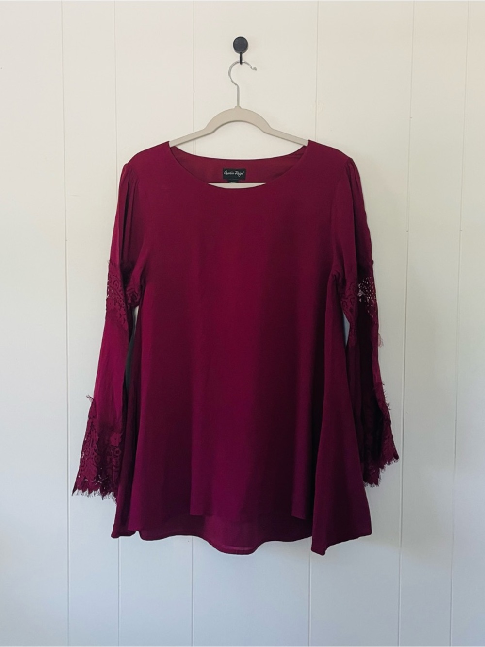 Charlie Paige Burgundy Lace Bell Sleeve Tunic